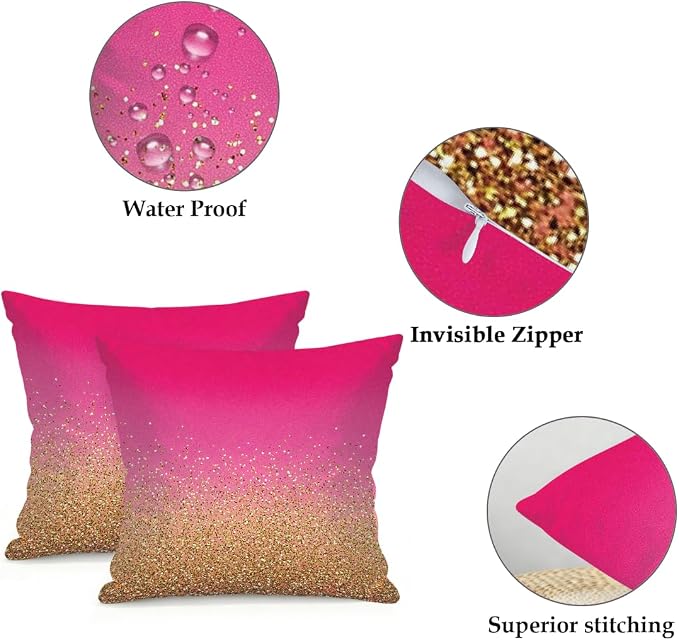 18x18 Inch Outdoor Pillow Covers Set of 2 Waterproof Throw Pillow Covers Decorative Couch Cushion Covers Pink Gold Glitter Square Pillowcases Protectors for Patio Garden Sofa