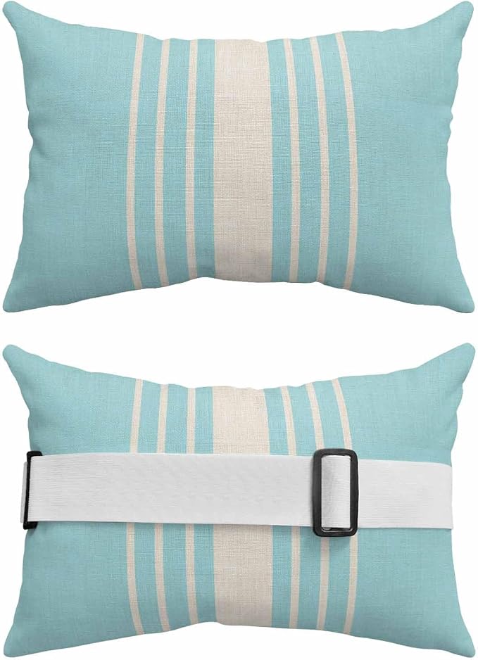 Pack of 4 Outdoor Lumbar Pillow Covers 11x16 Inch, Aqua Beige Striped Waterproof Throw Pillow Covers Set, Modern Farmhouse Retro Lines Indoor&Outdoor Decorative Cushion Cases for Patio Porch Beach