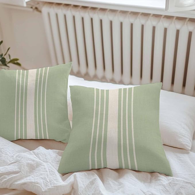 Throw Pillow Covers 20x20 Inch Set of 2, Sage Green Beige Striped Waterproof Outdoor Cushion Covers, Modern Farmhouse Retro Lines Decorative Pillowcases for Couch, Sofa, Bed, Garden, Patio