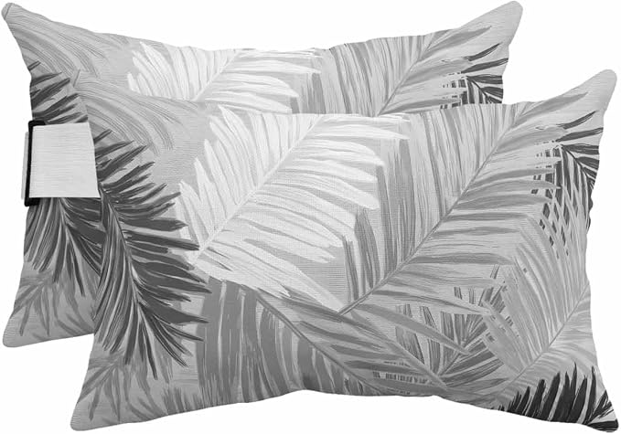 Outdoor Pillows Waterproof Covers Set of 2, Black Palm Leaves Adjustable Elastic Chaise Lounge Head Resting Pillows, Tropical Leaf Plant Lumbar Pillow for Pool Beach Patio Furniture 20x12 Inch