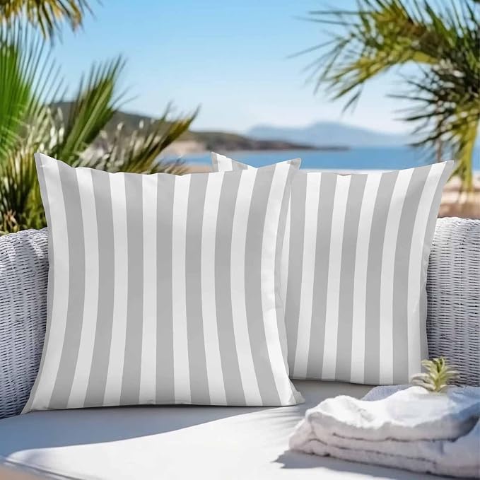 Grey Striped Outdoor Waterproof Throw Pillow Covers 26x26 Set of 2, Modern Farmhouse Gray White Stripes Decorative Pillowcases Cushion Pillowcase for Couch Sofa Patio Outside Pillow Protector
