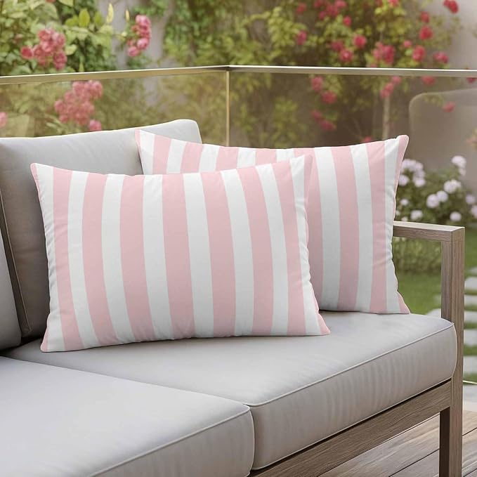 Pink Striped Outdoor Waterproof Throw Pillow Covers 20x12 Set of 2, Modern Farmhouse Pink White Stripes Decorative Pillowcases Cushion Pillowcase for Couch Sofa Patio Outside Pillow Protector