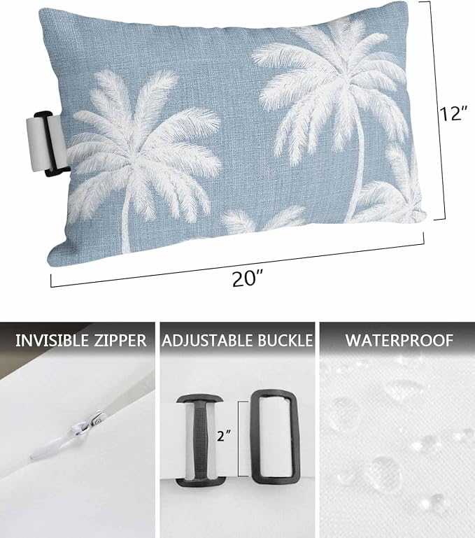 Pack of 4 Outdoor Lumbar Pillow Covers 12x20 Inch, Light Blue Palm Trees Waterproof Throw Pillow Covers Set, Farmhouse Tropical Summer Beach Indoor&Outdoor Decorative Cushion Cases for Patio Porch Car