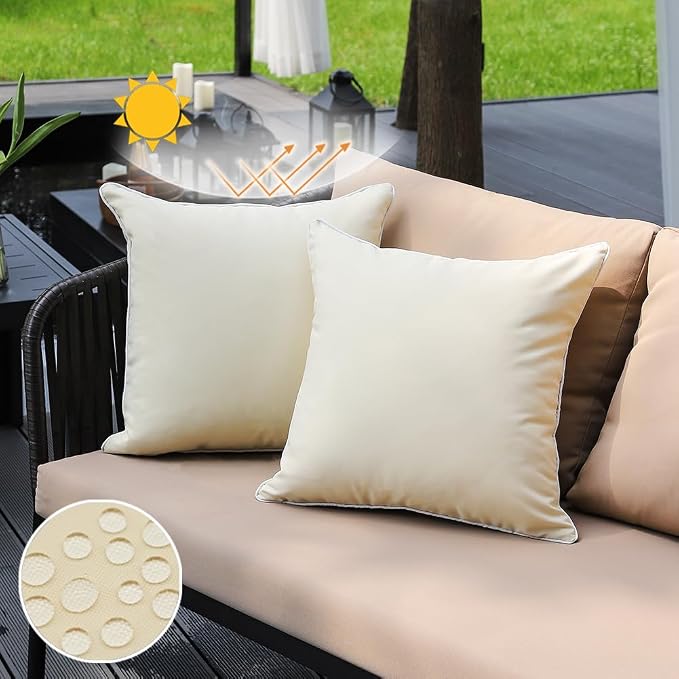 JOJOGOGO Beige Outdoor Decorative Throw Pillow Covers 18x18 Waterproof Set of 2, Farmhouse Outdoor Sunproof Porch Pillows 18 x 18 for Couch Sofa and Patio Furniture (with White Piping)