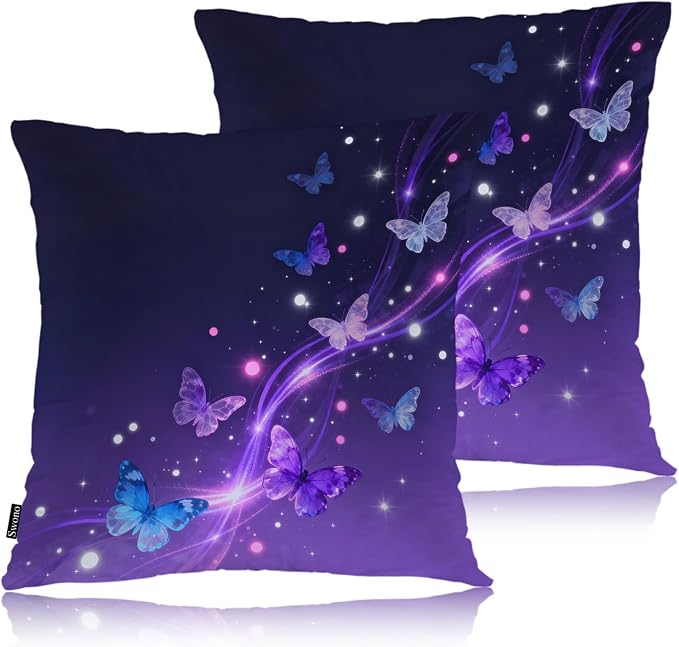 Swono Butterfly Throw Pillow Case, Glowing Butterflies Stars Square Home Decorative Cushion Cover for 18 X 18 Inches Pillow Covers, Purple 2 Pack Pillowcases for Bedroom Office Dorm Couch