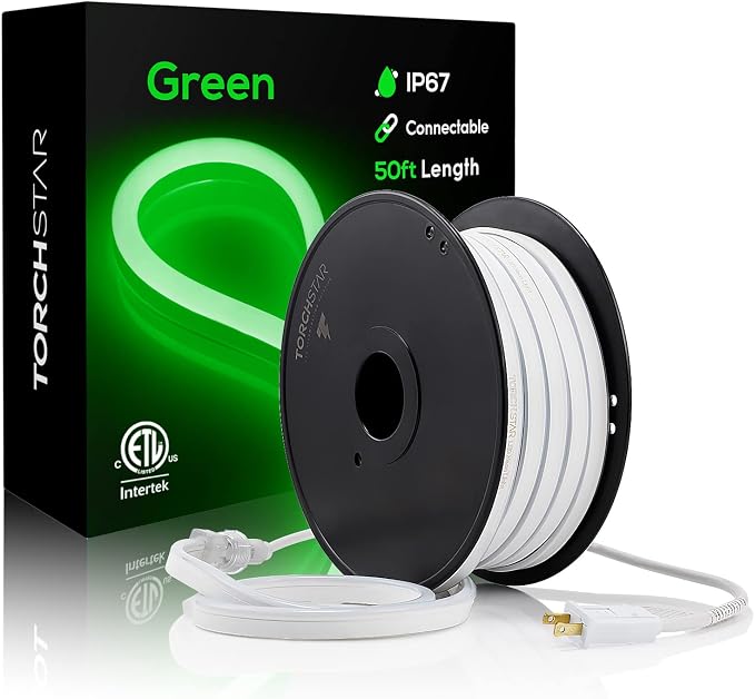 TORCHSTAR 50ft LED Neon Rope Light, Green LED Strip Lights | Outdoor IP67 Waterproof, 120V UL Plug, ETL Connectable, Neon Light Strip for Shop Sign, Patio Decor, Max 2 Sets (100FT)