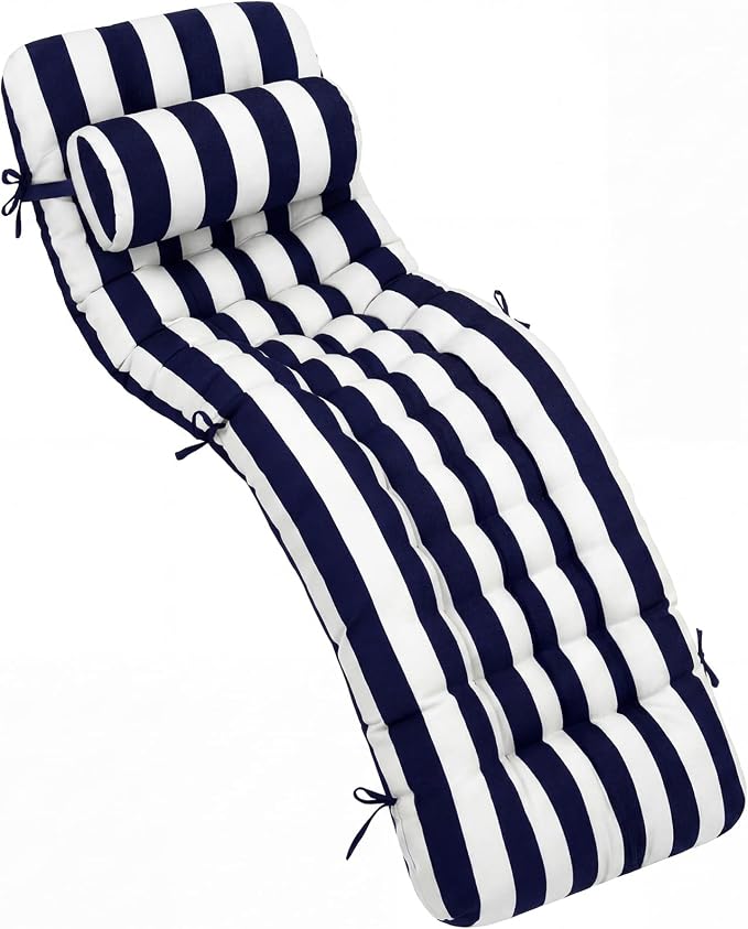 Tudomro Outdoor Chaise Lounge Cushion 66x21x4'' Waterproof & Fade-Resistant Patio Pool Chaise Lounge Cushion Headrest Pillow Tie Replacement Rocking High Back Chair(Navy Blue, White Stripe,1 Pcs)