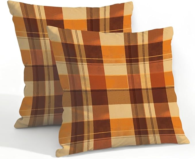 22x22 Inch Outdoor Pillow Covers Set of 2 Waterproof Throw Pillow Covers Decorative Couch Cushion Covers Buffalo Check Orange Square Pillowcases Protectors for Patio Garden Sofa