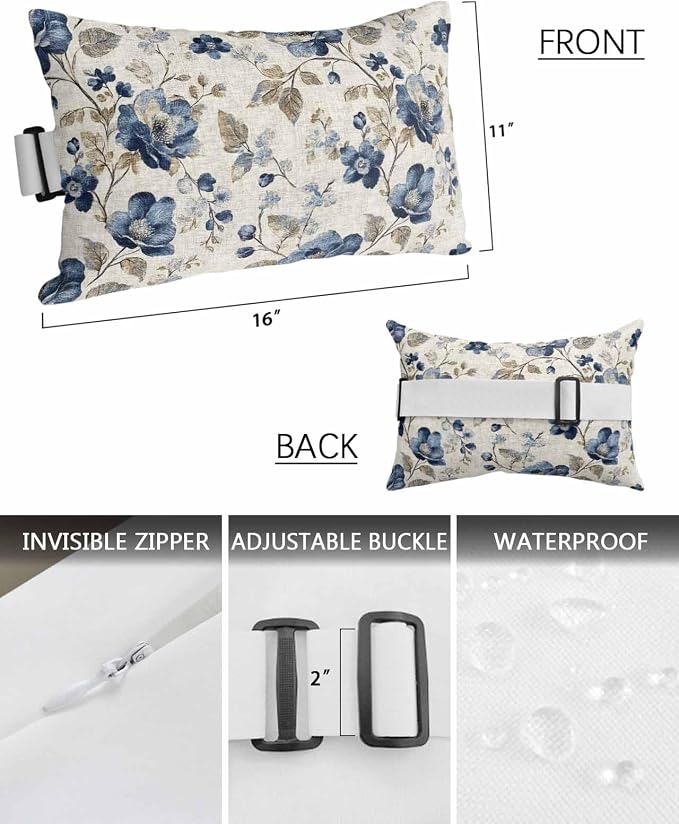 Navy Blue Floral Outdoor Lumbar Pillow Covers 11"x16" Set of 4, Decorative Throw Pillow Covers for Patio, Beige Vintage Farmhouse Botanical Leaves Waterproof Cushion Case for Pool Beach Chair