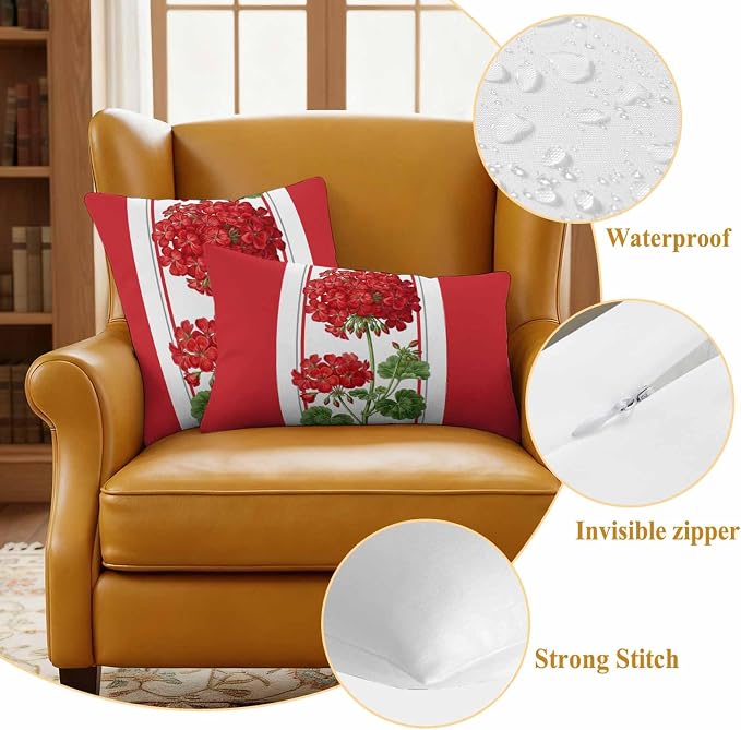 Outdoor Waterproof Pillow Covers Spring Summer Flowers Geranium Decorative Throw Pillow Protectors,Red Geometric Striped Pillowcase Cushion Cases for Patio Sofa Garden Couch,18x18in,Pack of 2