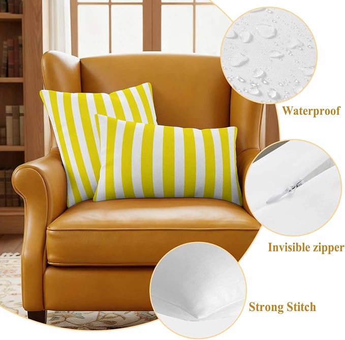 Yellow Striped Outdoor Waterproof Throw Pillow Covers 16x16 Set of 2, Modern Farmhouse Yellow White Stripes Decorative Pillowcases Cushion Pillowcase for Couch Sofa Patio Outside Pillow Protector