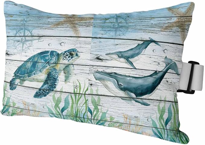 Turtle Seahorse Octopus Whale Outdoor Head Pillows for Recliner Lounge Chair,Pack of 1 Waterproof Throw Pillow Cushion Cases with Insert&Elastic Strap,Marine Life on Wood Neck Pillow for Patio Beach
