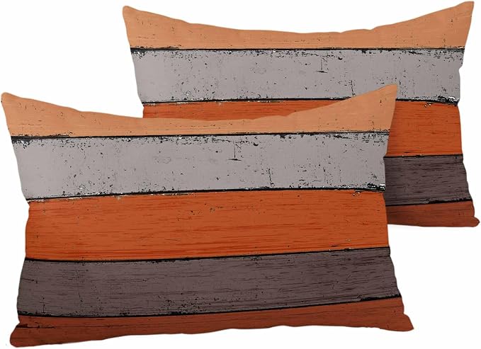Outdoor Throw Pillow Covers 12X20 Set of 2 Waterproof Ombre Burnt Orange Gray Decorative Zippered Cushion Covers for Patio Furniture, Farmhouse Retro Rustic Barn Wood Texture Lumbar Pillowcases