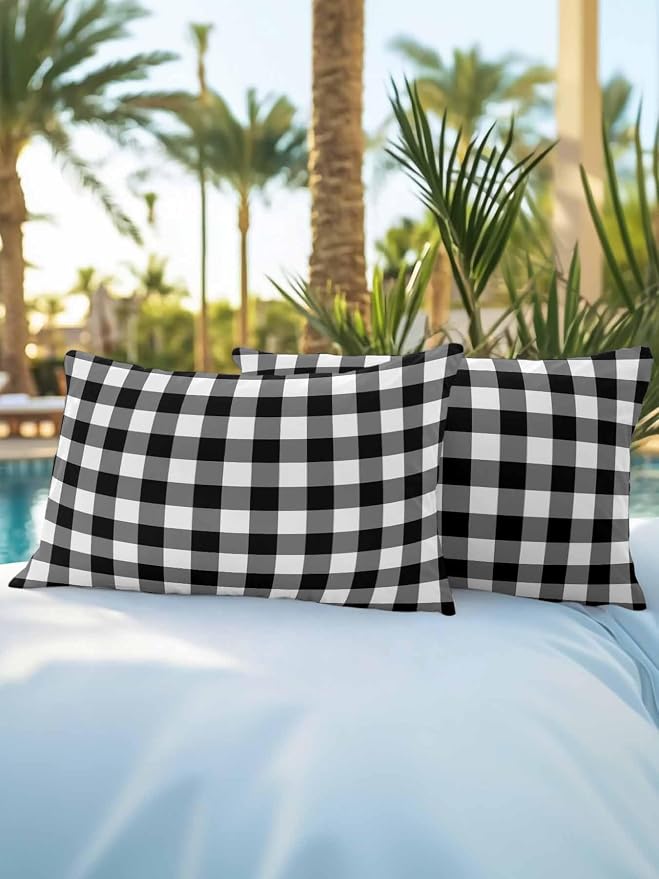 Waterproof Outdoor Pillow Set of 2 Black Buffalo Plaid Decorative Throw Pillows Cover & Insert 20x12 Inch Lumbar Pillowcase Check Lines Pillows for Couch Sofa Bed Patio Furniture Indoor Outdoor