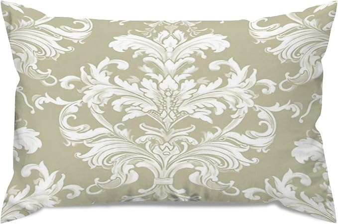 Set of 2 Tan Off Green White Damask Pattern Print Pillow Cases 12x18in Cushion Covers Farmhouse Pillows Covers for Couch Living Room Office Soft Rectangle Accent Pillowcase for Kids