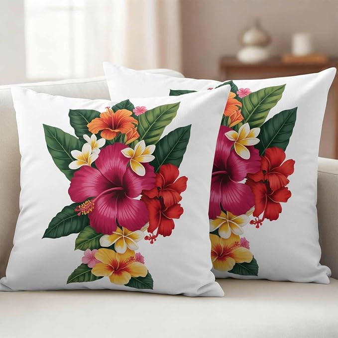 Pink Red Yellow Hibiscus Outdoor Pillow Covers 16x16 Inch Throw Pillow Covers Set of 2 Waterproof Decorative Pillow Cases Farmhouse Tropical Floral Cushion Covers for Patio Furniture Garden Couch Sofa