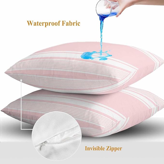 Vandarllin Outdoor Throw Pillows Covers 20x20 inch Set of 2 Waterproof Pink Stripes Decorative Zippered Cushion Covers for Patio Furniture, Striped Lines Lumbar Pillowcases