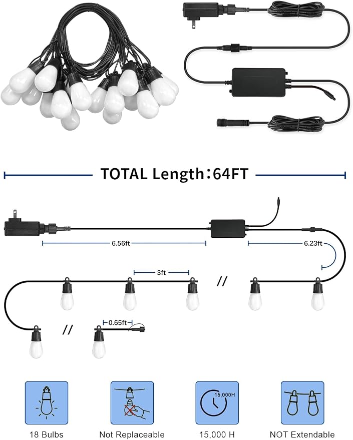 Outdoor String Lights 18 LED Bulbs, 64(52+12) ft RGB+IC+Warm White | APP Control with Remote，Outdoor Lights Music Sync for Garden Party Decor Christmas, NOT Extendable
