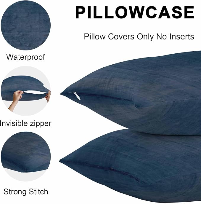 Vandarllin Outdoor Throw Pillows Covers 20x20 inch Set of 2 Waterproof Navy Blue Linen Decorative Zippered Cushion Covers for Patio Furniture, Solid Color Texture Lumbar Pillowcases