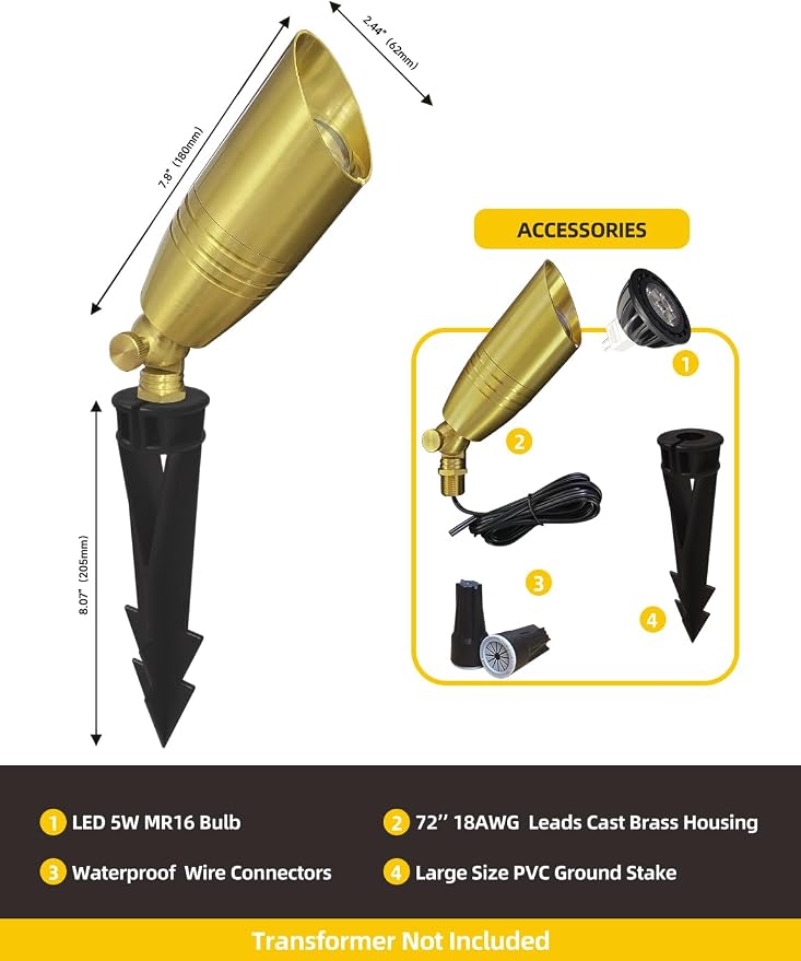 COLOER Die-cast Brass Landscape Spotlight 12-Pack with 5W Aluminum Housing LED MR16 Bulb,12V AC/DC Low Voltage Copper Outdoor Lighting, Directional Garden Patio Spot Up Light (102B Copper Finish)