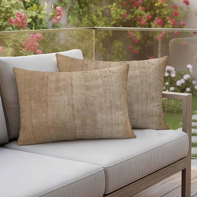 Vandarllin Outdoor Throw Pillows Covers 20x12 inch Set of 2 Waterproof Beige Linen Decorative Zippered Cushion Covers for Patio Furniture, Solid Color Texture Lumbar Pillowcases