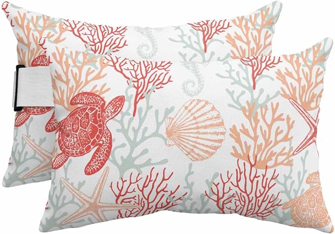 Lumbar Pillow Covers Set of 4, Red Orange Coastal Waterproof Outdoor Chaise Lounge Pillow Covers with Elastic Strap, Sea Turtle Nautical Coral Summer Beach Headrest Pillowcase for Patio, 12 x 20