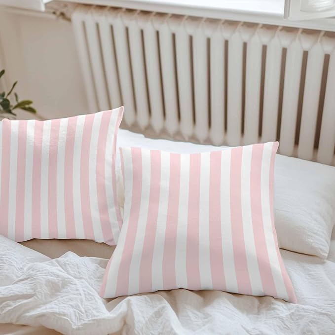 Pink Striped Outdoor Waterproof Throw Pillow Covers 24x24 Set of 2, Modern Farmhouse Pink White Stripes Decorative Pillowcases Cushion Pillowcase for Couch Sofa Patio Outside Pillow Protector
