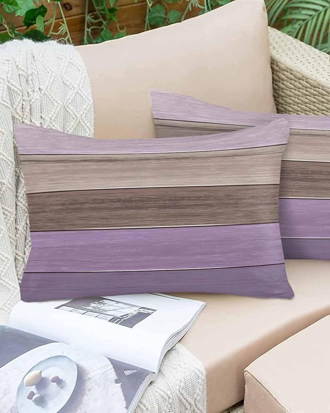 Outdoor Throw Pillow Covers 12X20 Set of 2 Waterproof Ombre Lavender Purple Brown Decorative Zippered Cushion Covers for Patio Furniture, Farmhouse Retro Rustic Barn Wood Texture Lumbar Pillowcases