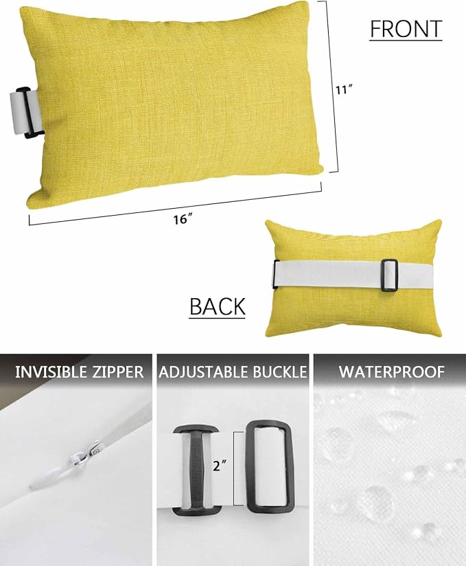 Outdoor Pillow for Chaise Lounge Chair Yellow Rustic Vintage Burlap Texture Outdoor Pillows Waterproof with Adjustable Strap Headrest Lumbar Pillows for Garden Patio Furniture 2 Pack 11" x 16"