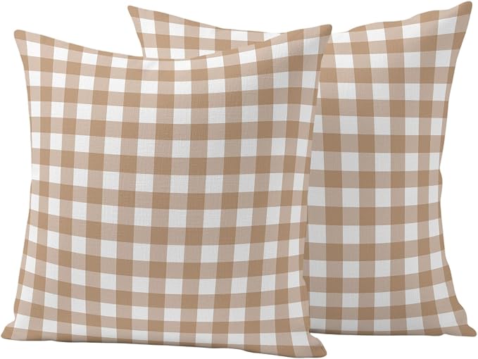 Brown Checks Outdoor Pillow Covers 18"x18" Set of 2, Beige Rustic Gingham Plaid Abstract Modern Waterproof Throw Pillow Covers for Patio Furniture, Decorative Cushion Covers for Porch