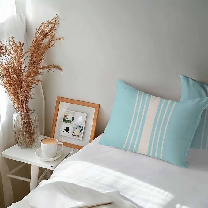 Lumbar Pillow Covers 20x12 Inch Set of 2, Aqua Beige Striped Waterproof Outdoor Cushion Covers, Modern Farmhouse Retro Lines Decorative Pillowcases for Couch, Sofa, Bed, Garden, Patio