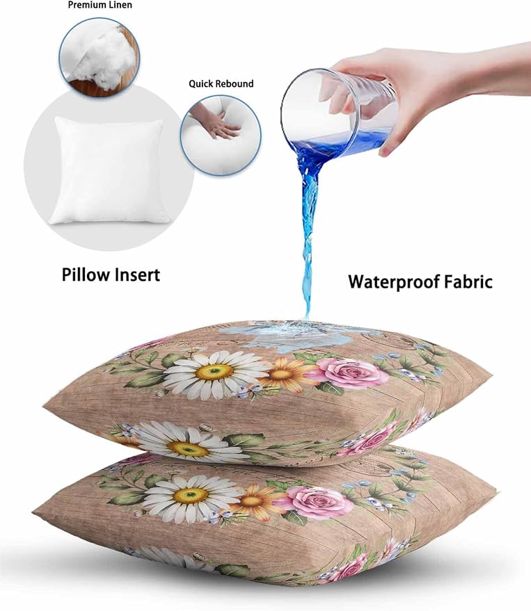 Outdoor Waterproof Throw Pillows Farmhouse Bee Flower Wreath Patio Pillows Pack of 2,Decorative Pillow Covers with Insert,Pillow Cushion Case for Garden Couch Sofa Farm Retro Wood Board