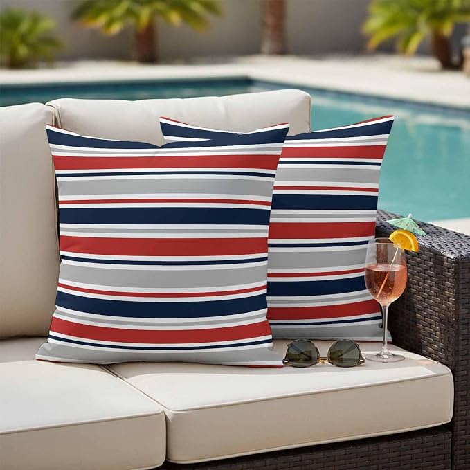 Outdoor Pillow Covers 26 x 26 Inches, Red Navy Blue Striped Waterproof Throw Pillow Cover Set of 2, Farmhouse Stripes Modern Abstract Art Decorative Square Cushion Covers for Patio/Couch/Garden