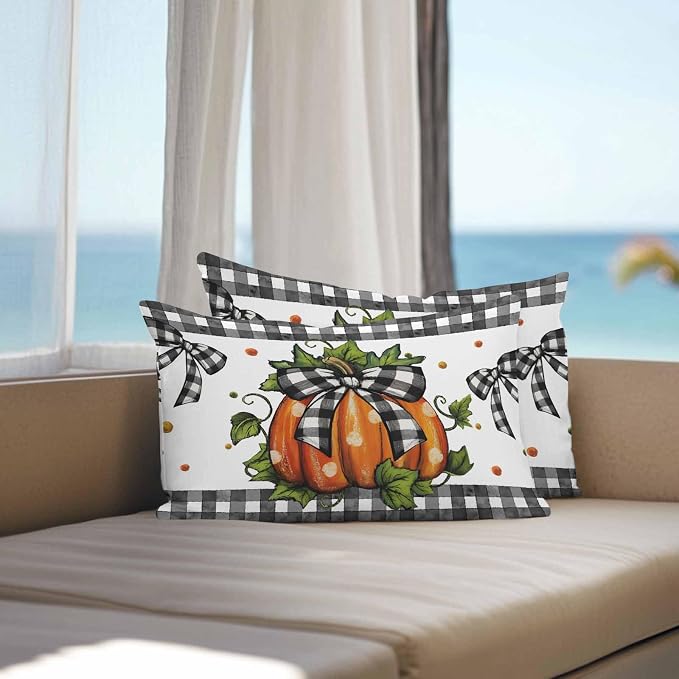 Orange Pumpkins Outdoor Waterproof Pillow Covers, Polka Dot Bow Fall Maple Leaves Plaid Decorative Rectangle Throw Pillowcase Sofa Cushion Sham for Patio/Couch/Chair, 20"x12" 2 Pack
