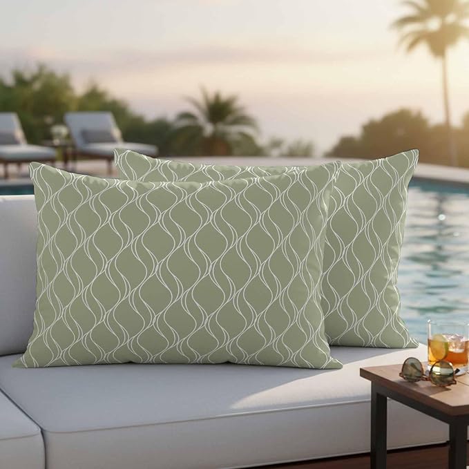 Sage Green Stripes Outdoor Pillow Covers 20x12 Inch Lumbar Pillow Covers Set of 2 Waterproof Decorative Throw Pillow Cases Simple Geometric Modern Monochrome Cushion Covers for Patio Furniture Garden