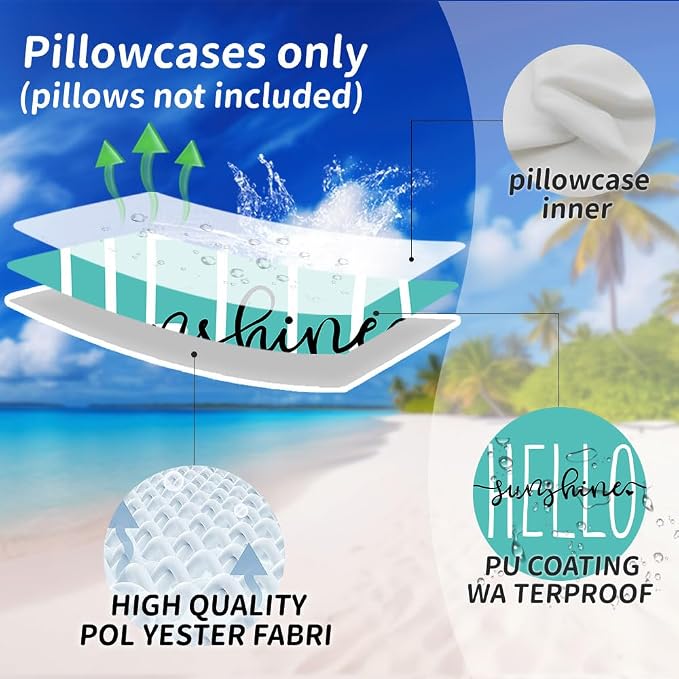 DFXSZ Blue Green Outdoor Waterproof Pillow Covers 16x16 Set of 2 | Hello Sunshine Decor Spring Summer Polyester Pillow Covers(NO INSERTS)| Decor for Patio Funiture Garden Sofa Couch