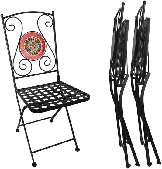 Folding Patio Chairs Set of 2 Mosaic Bistro Chair Outdoor Seating | Garden Patio Furniture Seating Heavy Duty Metal Frame Dining Chairs for Lawn Yard Balcony Porch Backyard Poolside