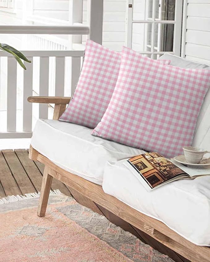 Outdoor Waterproof Throw Pillows Pink Geometric Plaid Patio Pillows Pack of 2,Decorative Pillow Covers with Insert,Pillow Cushion Case for Garden Couch Sofa Rustic Minimalist Checkered