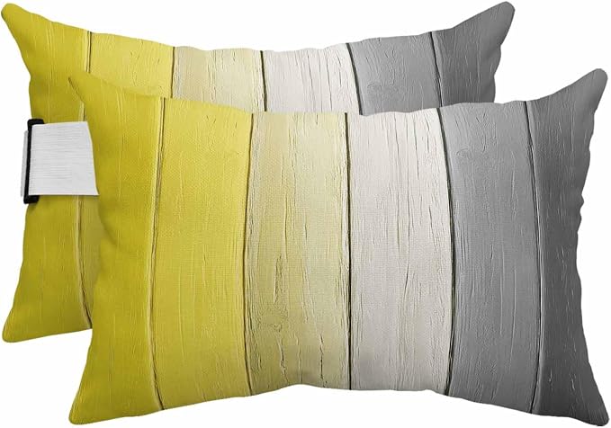 Yellow Gray Ombre Outdoor Pillows for Chaise Lounge Chair Beach Headrest Pillow Set of 2 Waterproof Lumbar Pillows with Insert&Strap Vintage Country Wooden Recliner Neck Pillow for Patio Pool 11"x16"
