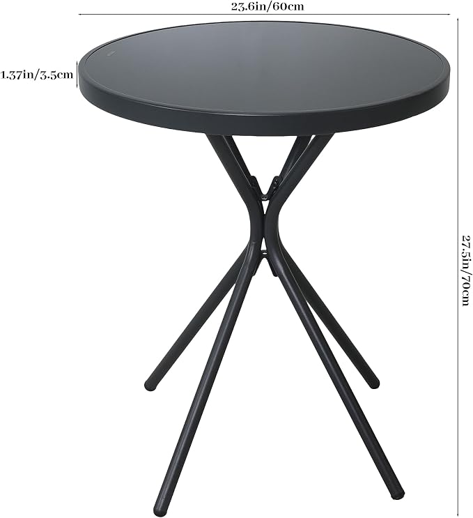 Outdoor Coffee Table with Tempered Glass Top - 23" Metal Bistro Table, All-Weather Steel Accent Table for Patio, Garden & Poolside, Small Space Side Table