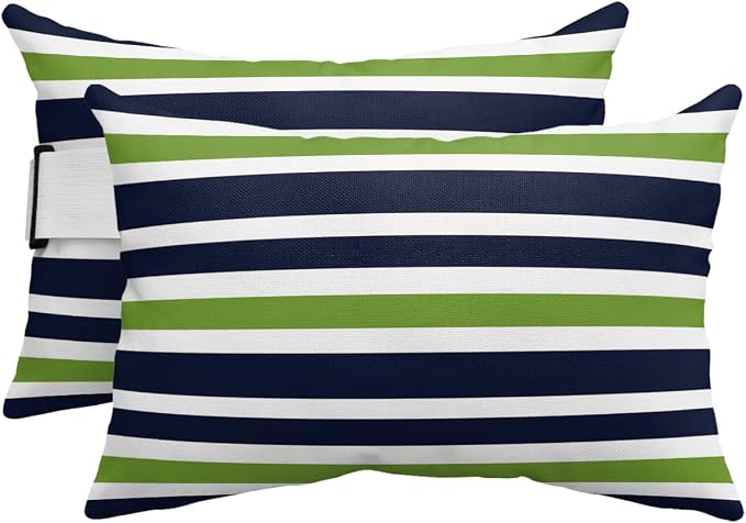 Blue Green Stripe Outdoor Pillows with Insert Green and White Geometric Waterproof Patio Pillows with Adjustable Strap Rectangle Head Recliner Lounger Chair Throw for Patio Furnitures, 2 Pack
