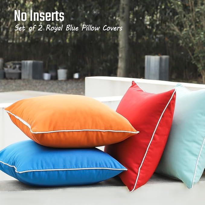 JOJOGOGO Royal Blue Outdoor Pillows Waterproof Throw Pillow Covers 18x18 Set of 2, Lake Blue Outdoor Patio Pillows Cushion Covers 18 x 18 for Couch Bench and Porch Swing (with White Piping)