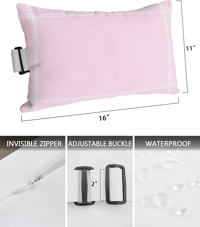 T&H XHome Outdoor Pillow for Chaise Lounge Chair, Solid Color Pink Waterproof Headrest Pillow Lumbar Pillows with Insert & Adjustable Elastic Strap for Beach, Poolside, Patio, Office (1 Pack)