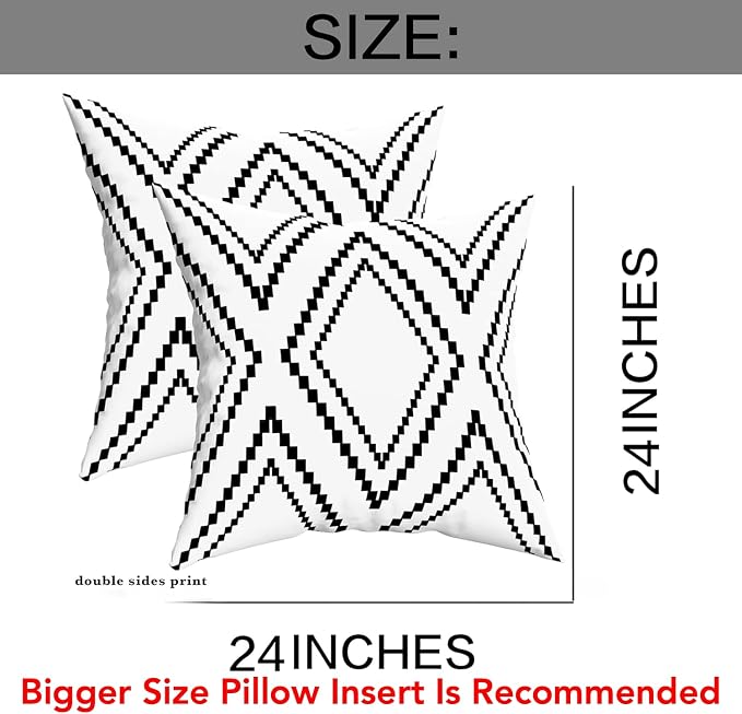 Outdoor Pillow Covers Set of 2, Waterproof Boho Throw Pillow Covers Geometric Pillow Cases for Patio Garden, White More (Black&White-02, 24x24 Inch)