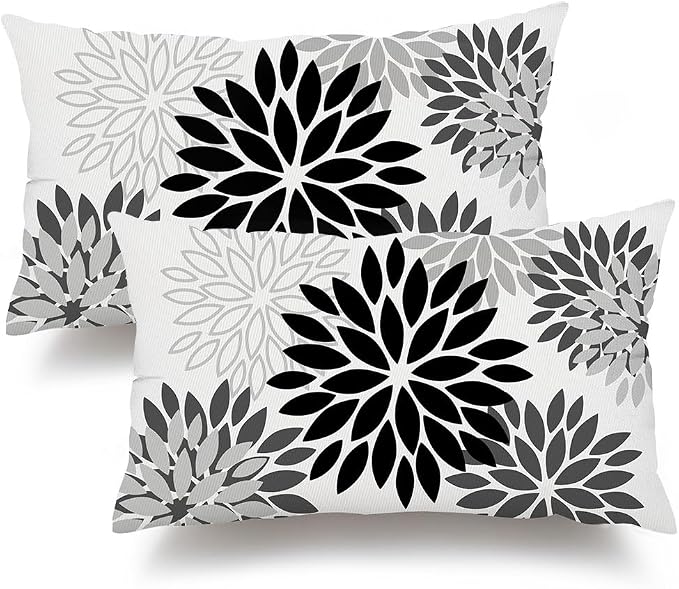 DFXSZ Outdoor Waterproof Pillow Covers 12x20 Set of 2 Black Grey Flower | Spring Summer Waterproof Flower Throw Pillowcases（No Inserts）Outdoor Decor for Patio Funiture Garden Polyester Covers