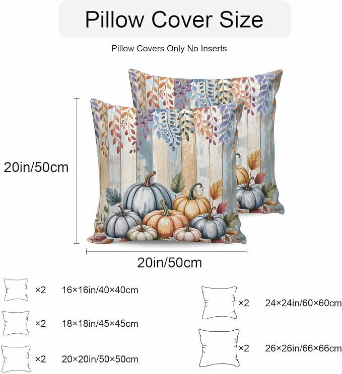 Orange Pumpkins Outdoor Waterproof Pillow Covers, Eucalyptus Leaves Wood Grain Country Rustic Decorative Square Throw Pillowcase Sofa Cushion Sham for Patio/Couch/Chair, 26"x26" 2 Pack
