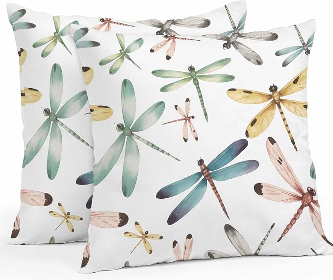 Dragonfly Outdoor Pillow Covers 16x16 Inch Throw Pillow Covers Set of 2 Waterproof Decorative Pillow Cases Watercolor Colorful Nature Painting Art Cushion Covers for Patio Furniture Garden Couch Sofa
