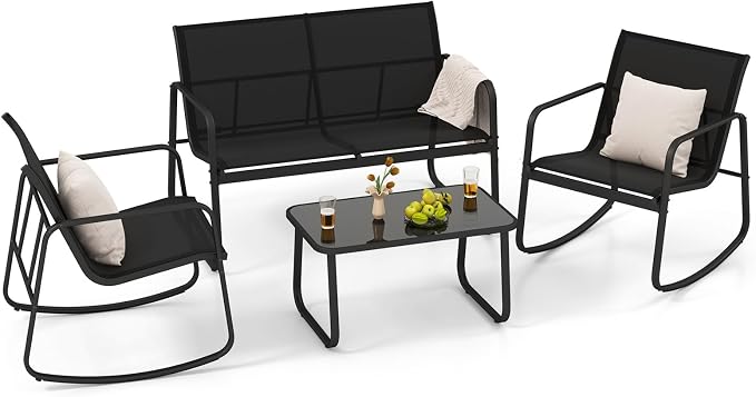 HAPPYGRILL 4 Piece Patio Rocking Bistro Set with 2 Rocking Chairs, Loveseat & Coffee Table, Outdoor Conversation Furniture Set for Garden Poolside Balcony (1)