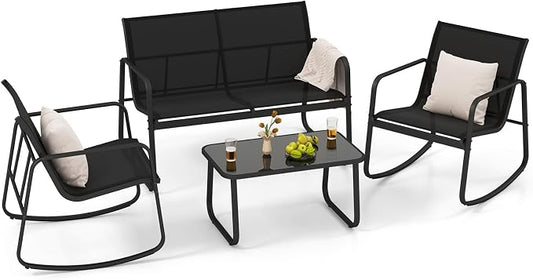 HAPPYGRILL 4 Piece Patio Rocking Bistro Set with 2 Rocking Chairs, Loveseat & Coffee Table, Outdoor Conversation Furniture Set for Garden Poolside Balcony (1)