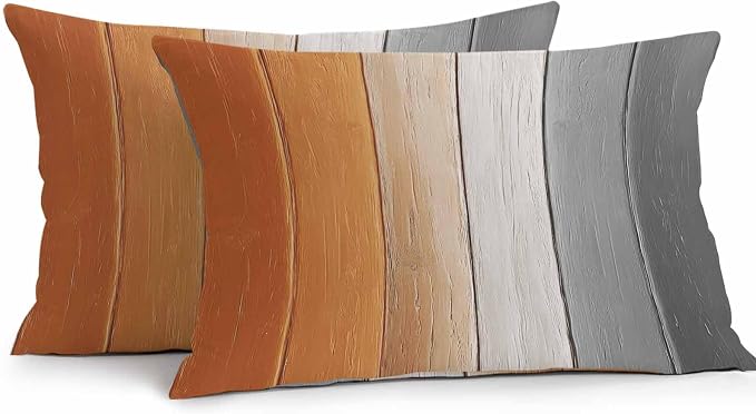Lumbar Pillow Covers 20x12 Inch Set of 2, Burnt Orange Gray Ombre Waterproof Outdoor Cushion Covers, Vintage Farmhouse Wooden Decorative Pillowcases for Couch, Sofa, Bed, Garden, Patio
